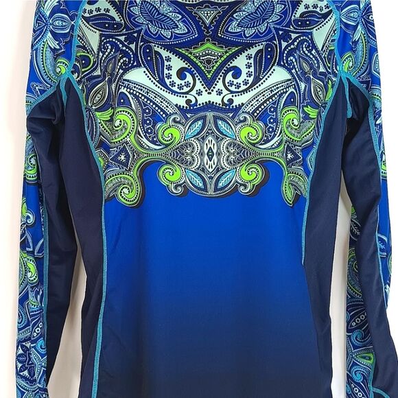 ATHLETA Runaway Blue Green Paisley Print Medium UPF Athletic Long Sleeve Shirt - Picture 4 of 15